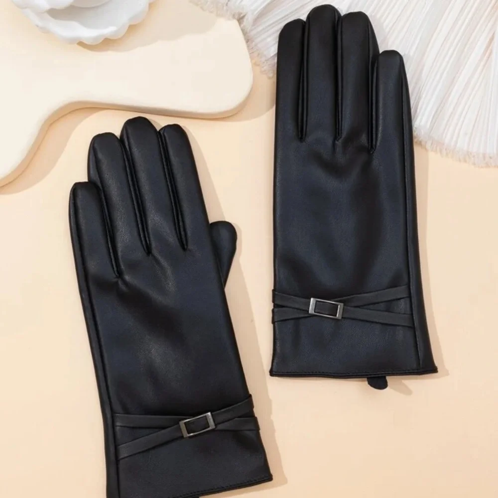 1 Pair Women Winter Warm PU Leather Gloves With Fleece Lining, l Waterproof